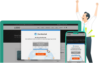 zenlinkの画面と喜ぶスーツの男性