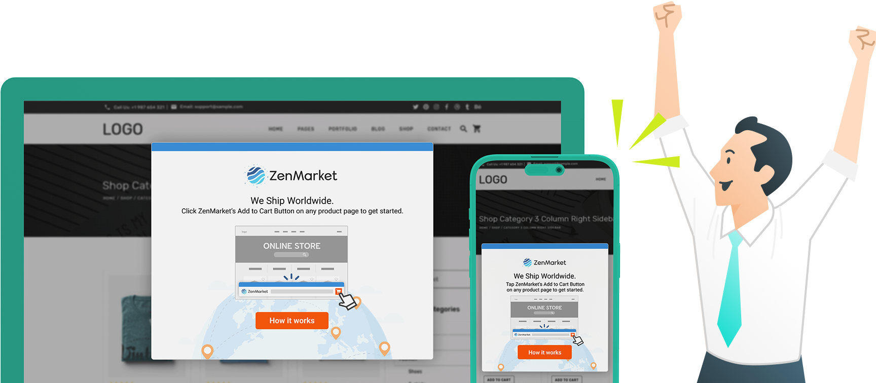 zenlinkの画面と喜ぶスーツの男性