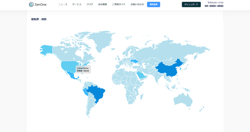 ダッシュボードのスクショ、色が塗り分けられた世界地図