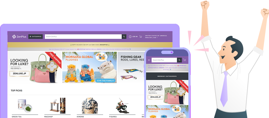 zenlinkの画面と喜ぶスーツの男性