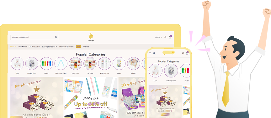 zenpopの画面と喜ぶスーツの男性